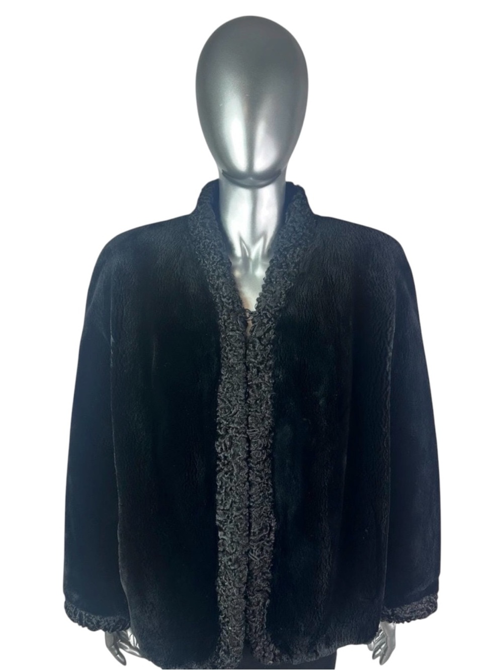 Black SHEARED BEAVER Bolero w/Persian Lamb Trim, Size M, Certified Vintage Fur